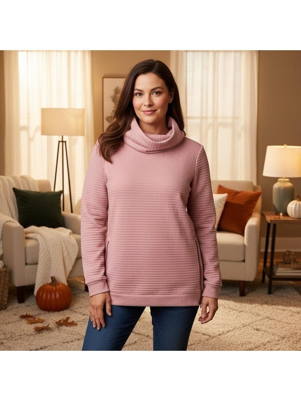 The Sweatshirt Project Mauve Ribbed Side Zip Mock Neck Pullover Sweatshirt S